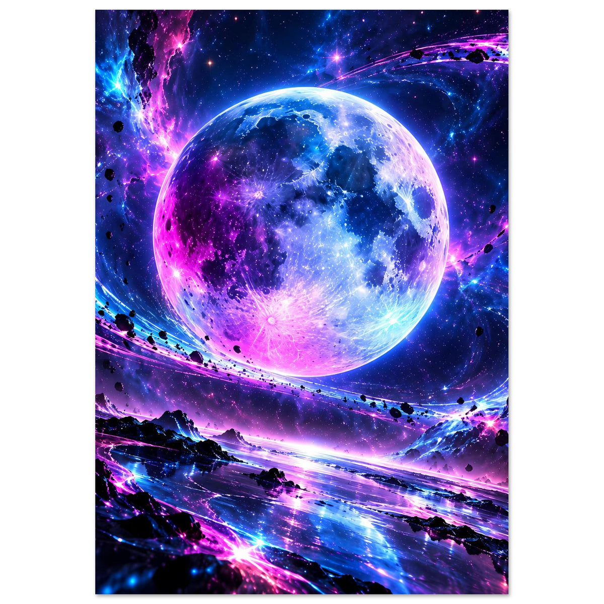 Vertikales Kosmos-Poster mit blau-violettem Planeten, Sternen und umkreisenden Bahnen