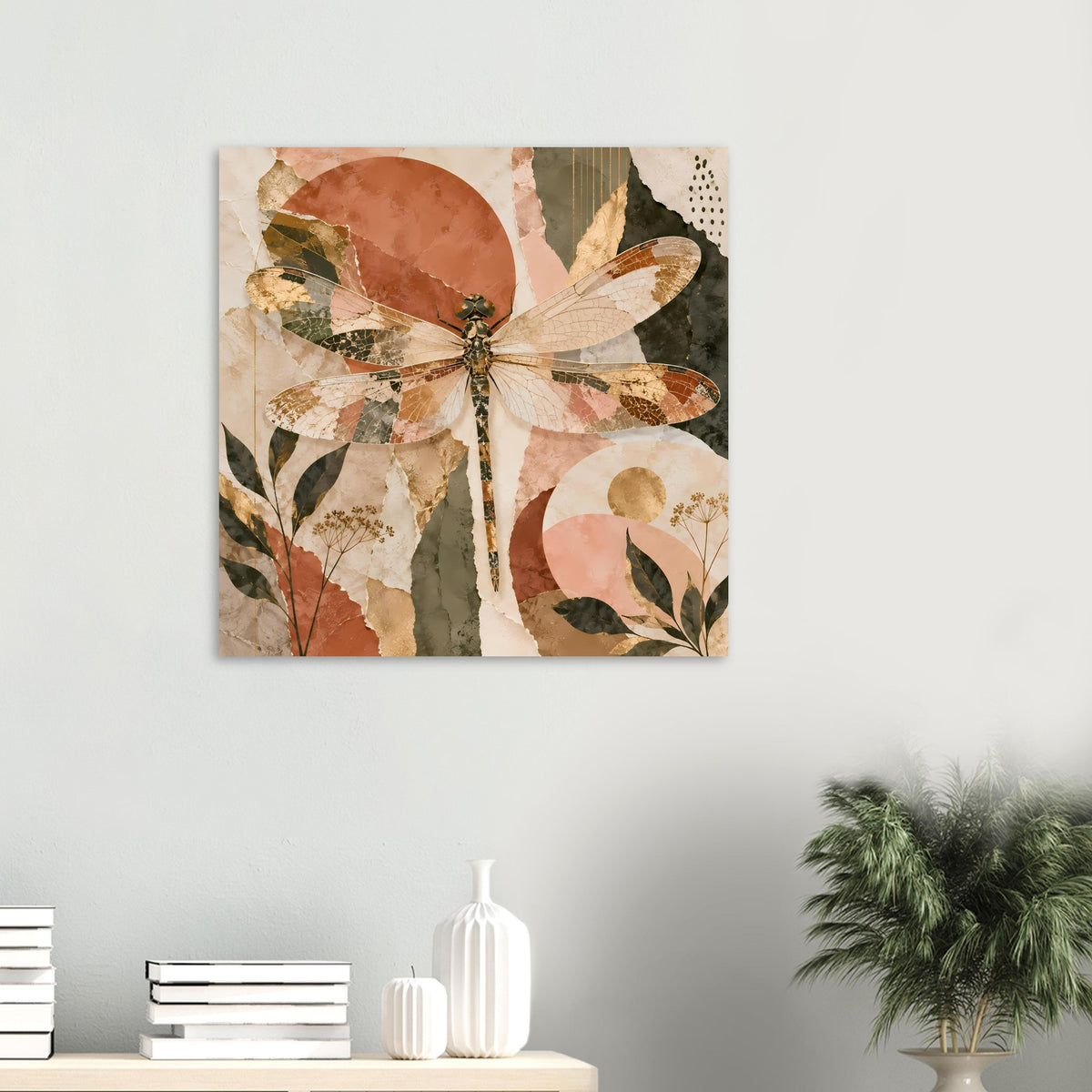 Kleines Libellen-Poster im Boho-Stil: Libelle mit Blättern und Kreiselementen