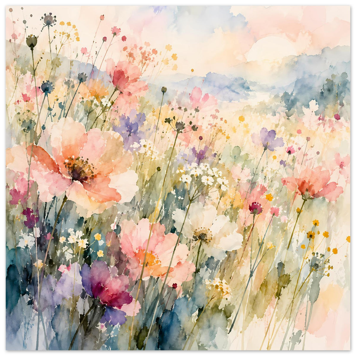 Aquarell-Poster mit Wildblumenwiese in Pastellfarben, viele Blumen in verschiedenen Größen