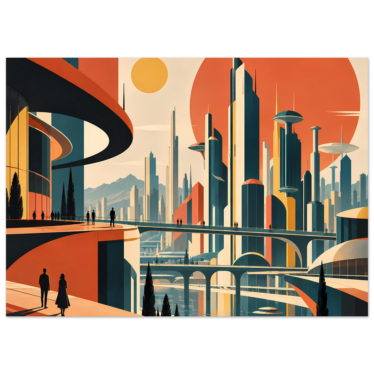 Kunstdruck im Querformat mit futuristischer Skyline, orange-gelben Kreisen und blaugrünen Gebäuden
