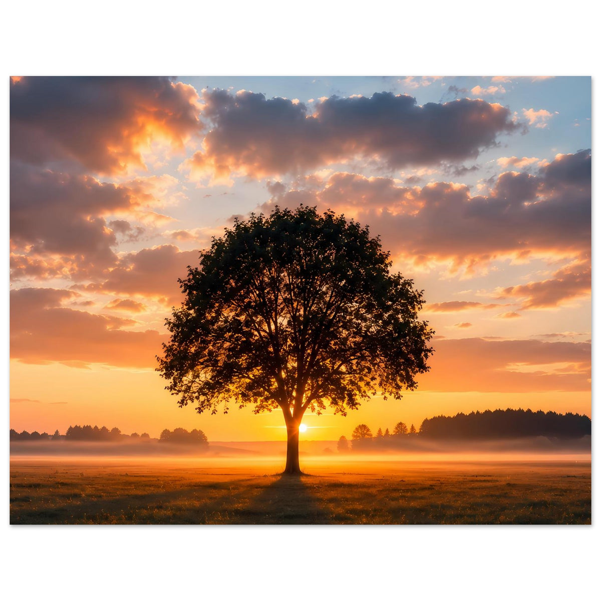 Poster mit einzelnem Baum im Sonnenuntergang, vertikales Format
