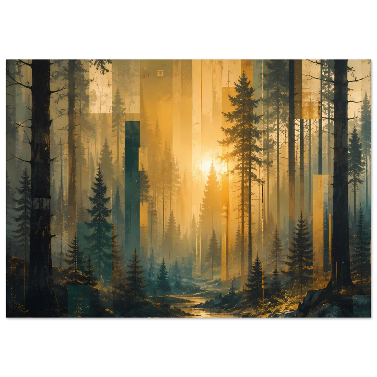 Wandposter Waldlandschaft im Sonnenaufgang, hohe Tannen, goldener Himmel und Nebel im Hintergrund