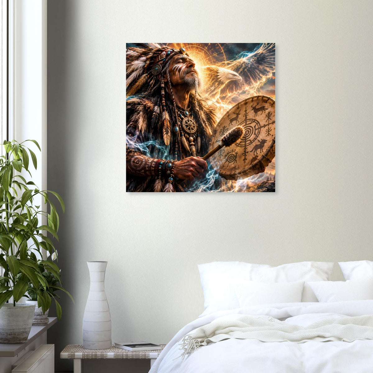 Fantasy-Poster: Schamane vor Adler und Trommel, dynamische Lichtstrahlen