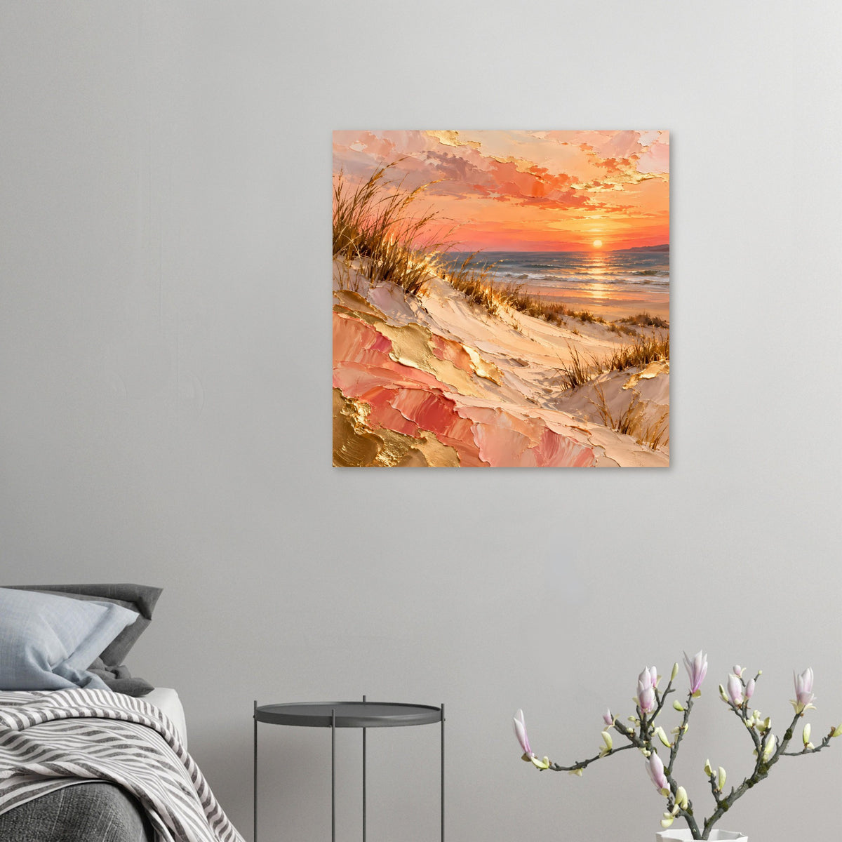 Kleines quadratisches Meerposter: Stranddünen, pfirsichfarbener Himmel und goldene Reflexe