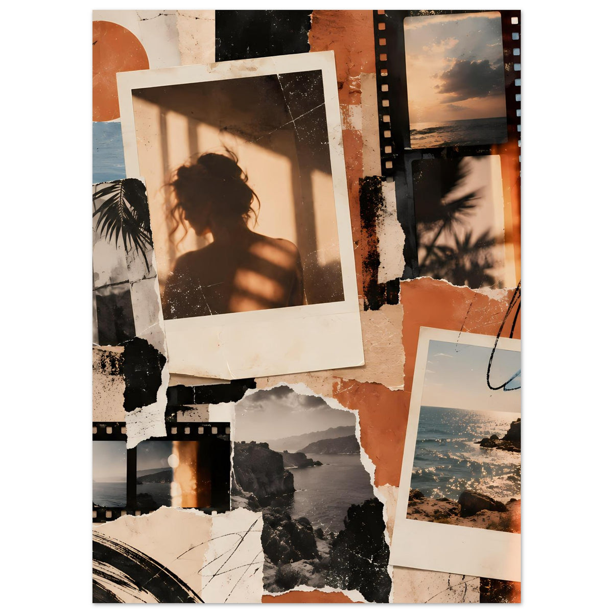 Collage-Poster mit Foto-Prints, Filmstreifen und sonnigen orange-braunen Farbflecken