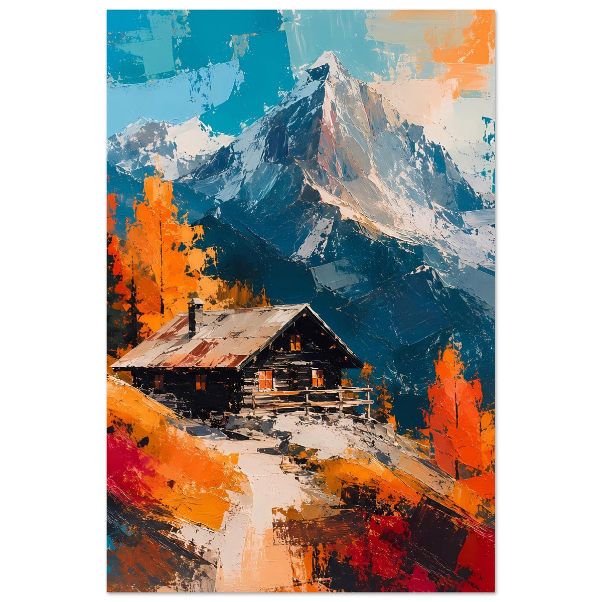 Herbstliches Berg-Poster mit Hütte, Pinselstrich-Optik in Blau, Orange und Rot, hochformat