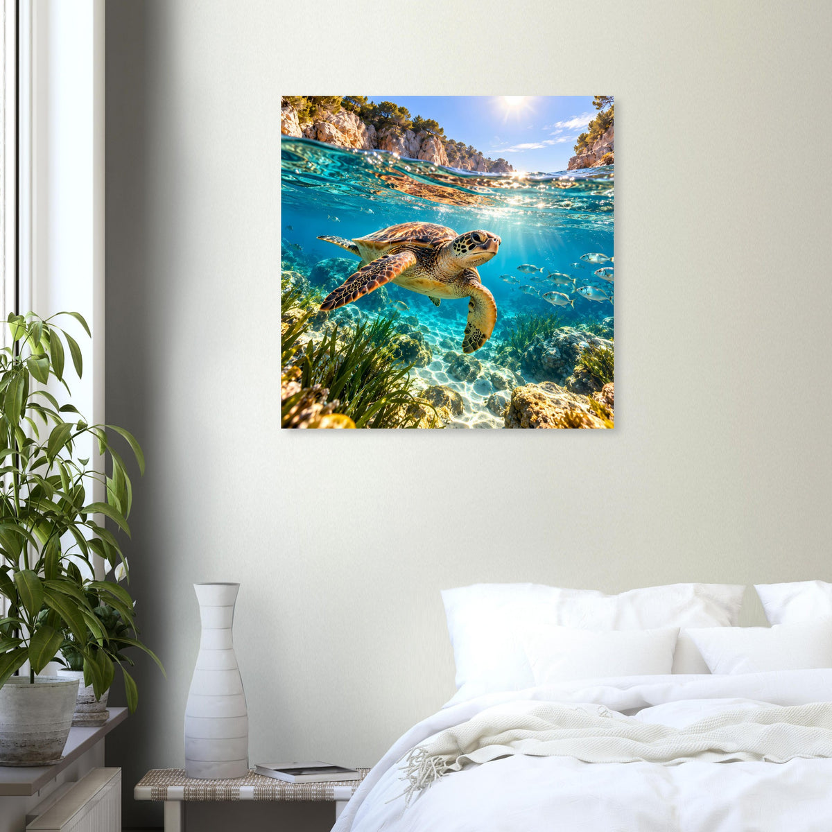 Quadratisches Wandposter mit Meeresschildkröte nahe der Wasseroberfläche