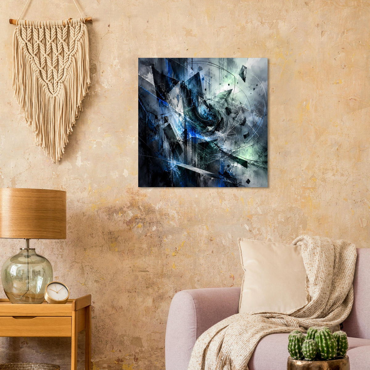 Abstraktes Kunstposter mit blauem Wirbel, grünlichen Partien und dunklen Strukturen