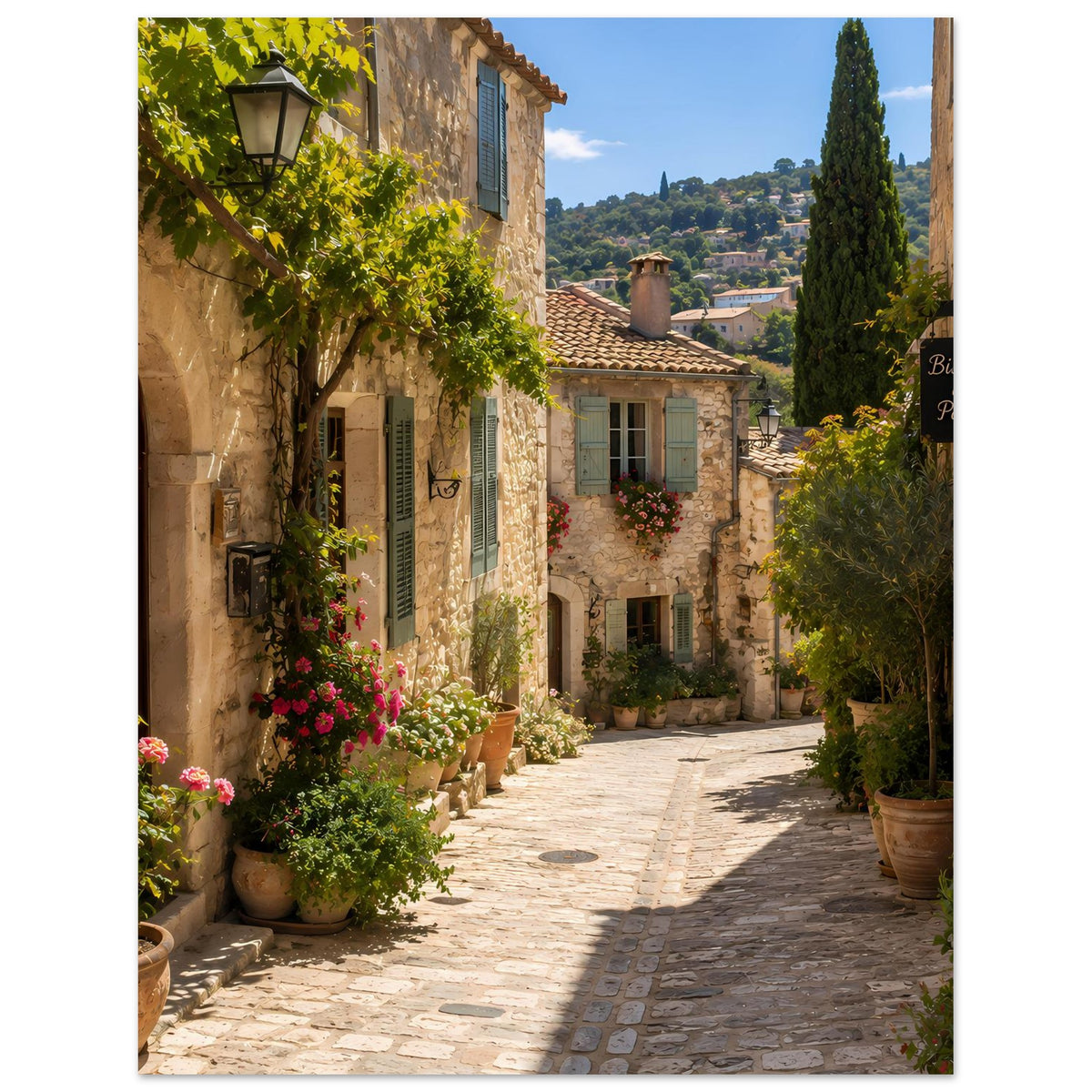Provence-Poster mit Natursteingasse, blühenden Sträuchern, Zypresse und Häusern