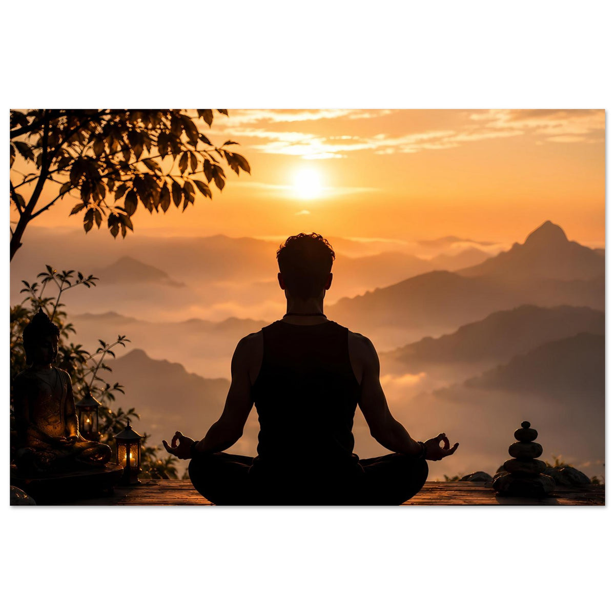 Meditationsposter mit Silhouette im Lotussitz, warmem Sonnenuntergang und Steinhaufen rechts