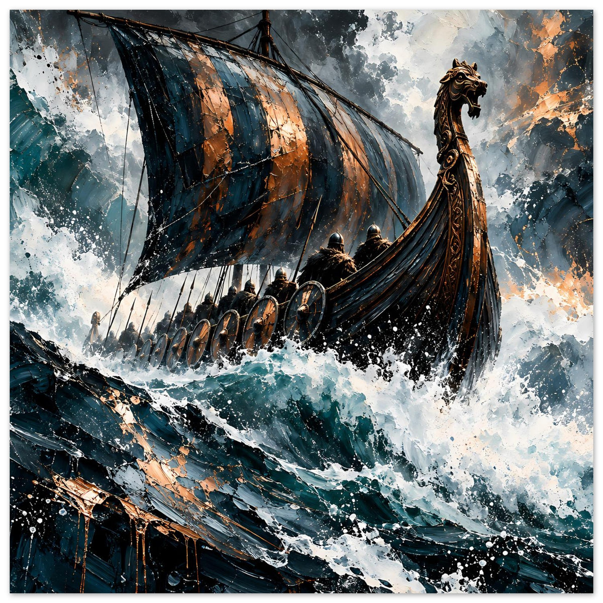 Querformat-Poster: Wikinger-Langschiff in Böen, Segel und Schiffe auf bewegter See