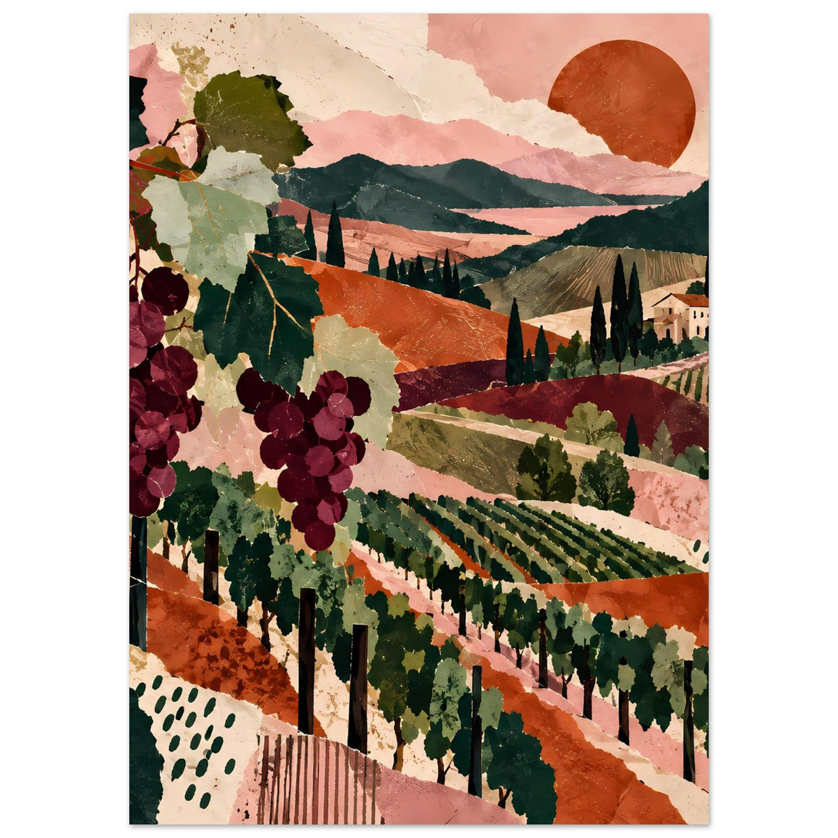 Weinreben-Landschaftsposter mit großen Trauben, Weinanbau-Hängen und Bergen