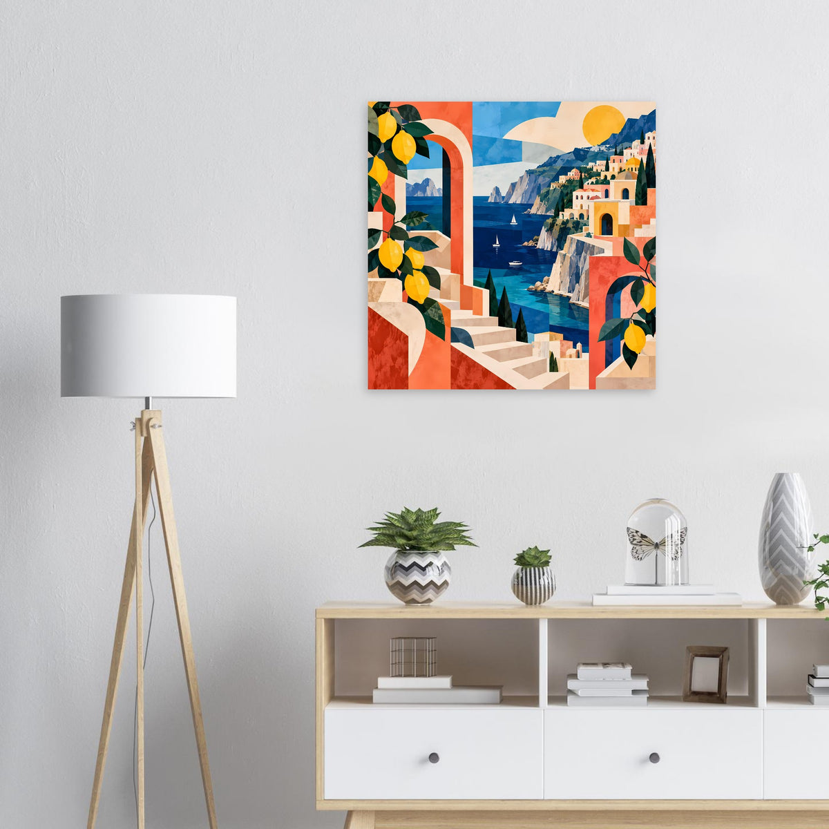 Kunstposter mit mediterraner Küstenlandschaft, gelben Zitronen und bunten Häusern