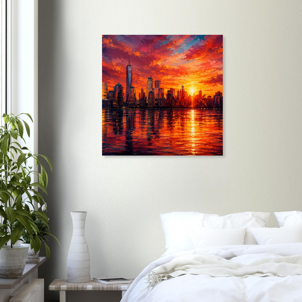 Quadratisches Poster mit Einem-WTC-Turm und New-York-Skyline bei Sonnenaufgang über Wasser.