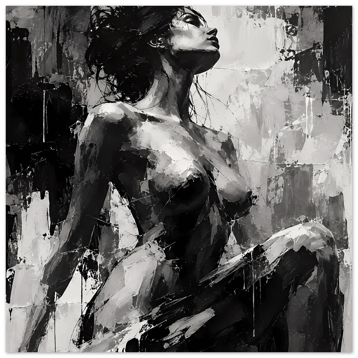 Kunstposter mit Frauenakt-Porträt in Schwarz-Weiß, Ganzmotiv mit expressiven Pinselakzenten