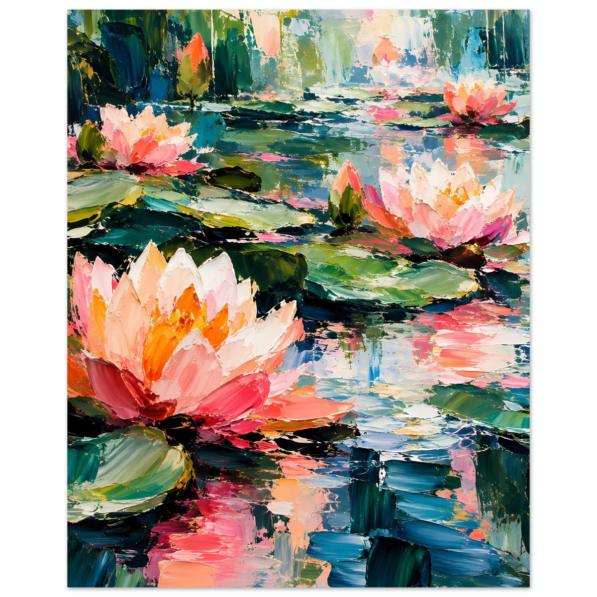 Impressionistisches Seerosen-Poster Hochformat: rosa und weiße Blüten, grün-blaue Wasserflächen