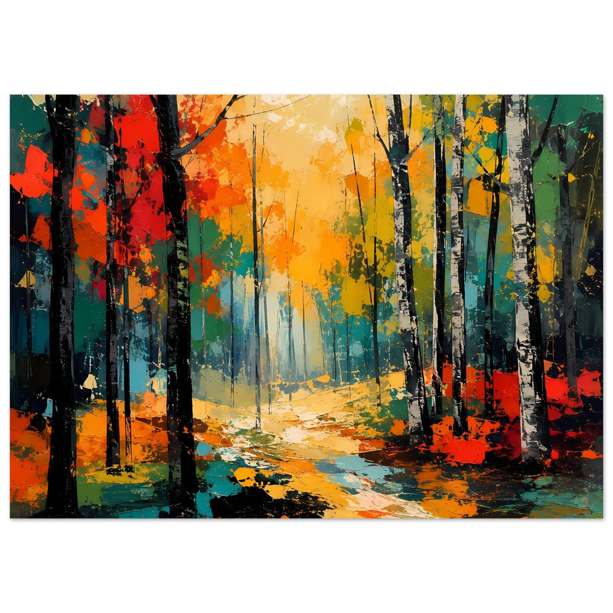 Wandposter im Querformat: leuchtender Herbstwald mit bunten Baumstämmen und Lichtung