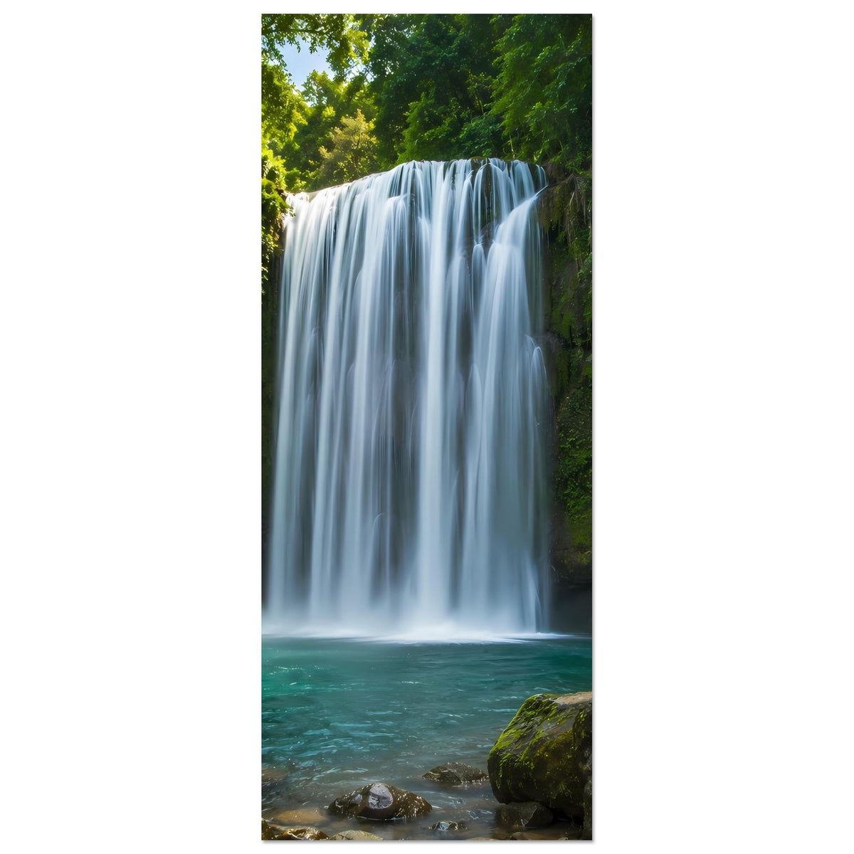 Hochkant-Poster mit Wasserfall und türkisfarbenem Wasser, rechts dichtes Grün