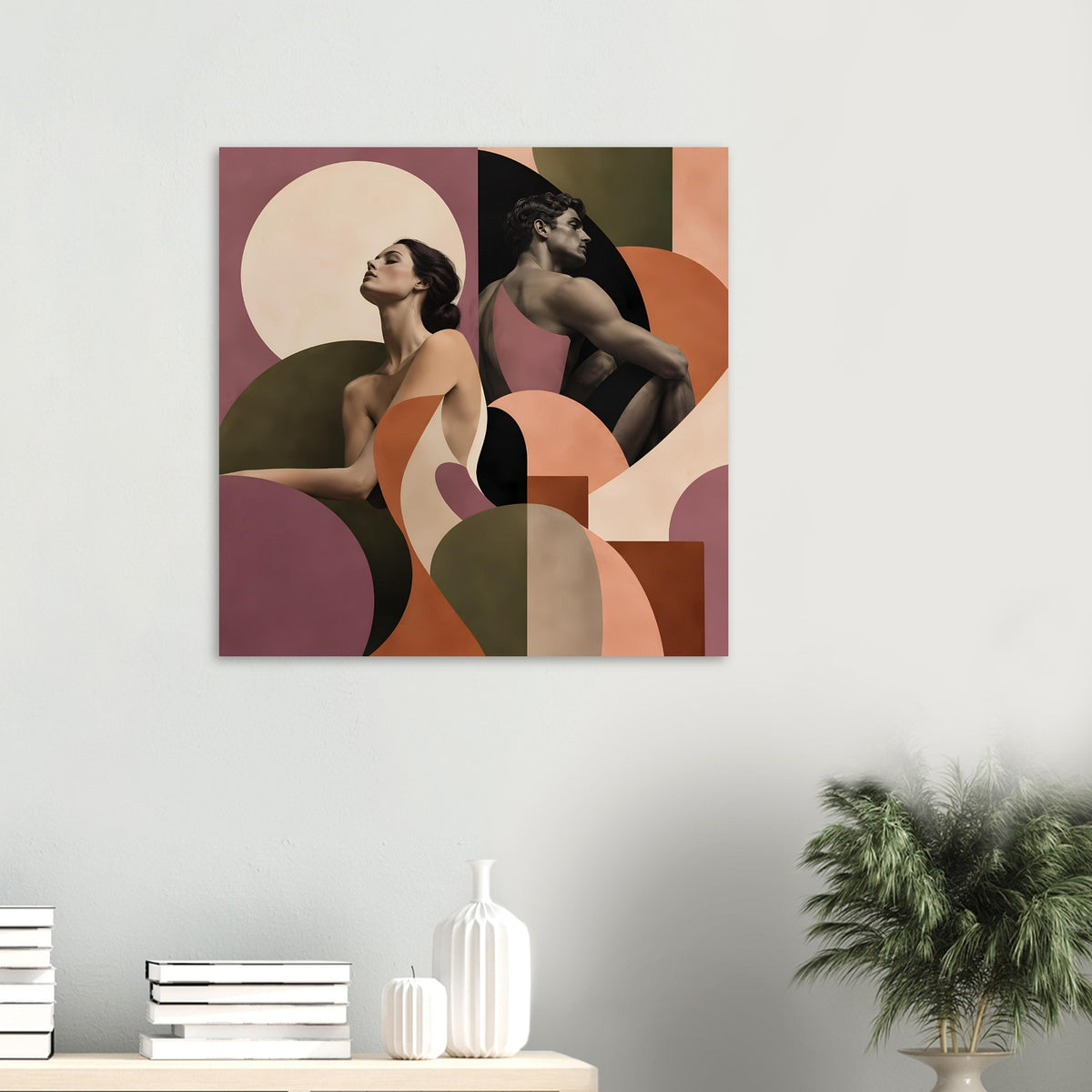 Figurenposter klein mit zwei abstrakten weiblichen Figuren, Terrakotta- und Mauve-Tönen