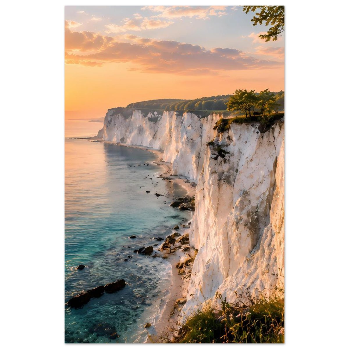 Wandposter im Hochformat mit Klippenküste und Meerblick, Sonnenaufgang, Strand und Felsen