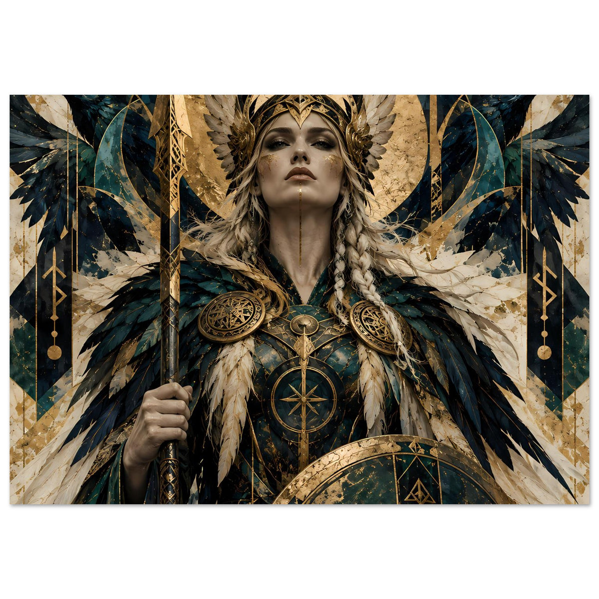 Wikinger-Poster: Frau mit Federkrone und Schild, petrol-goldener Hintergrund, Runen-Ornamente
