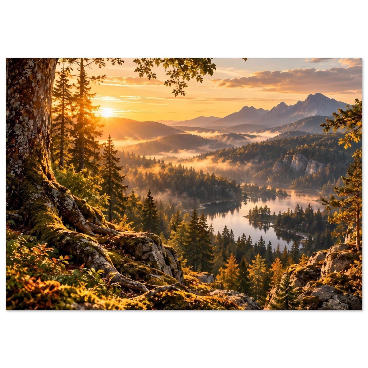 Horizontales Landschaftsposter mit Sonnenaufgang über Bergen, Wald und See im goldenen Licht