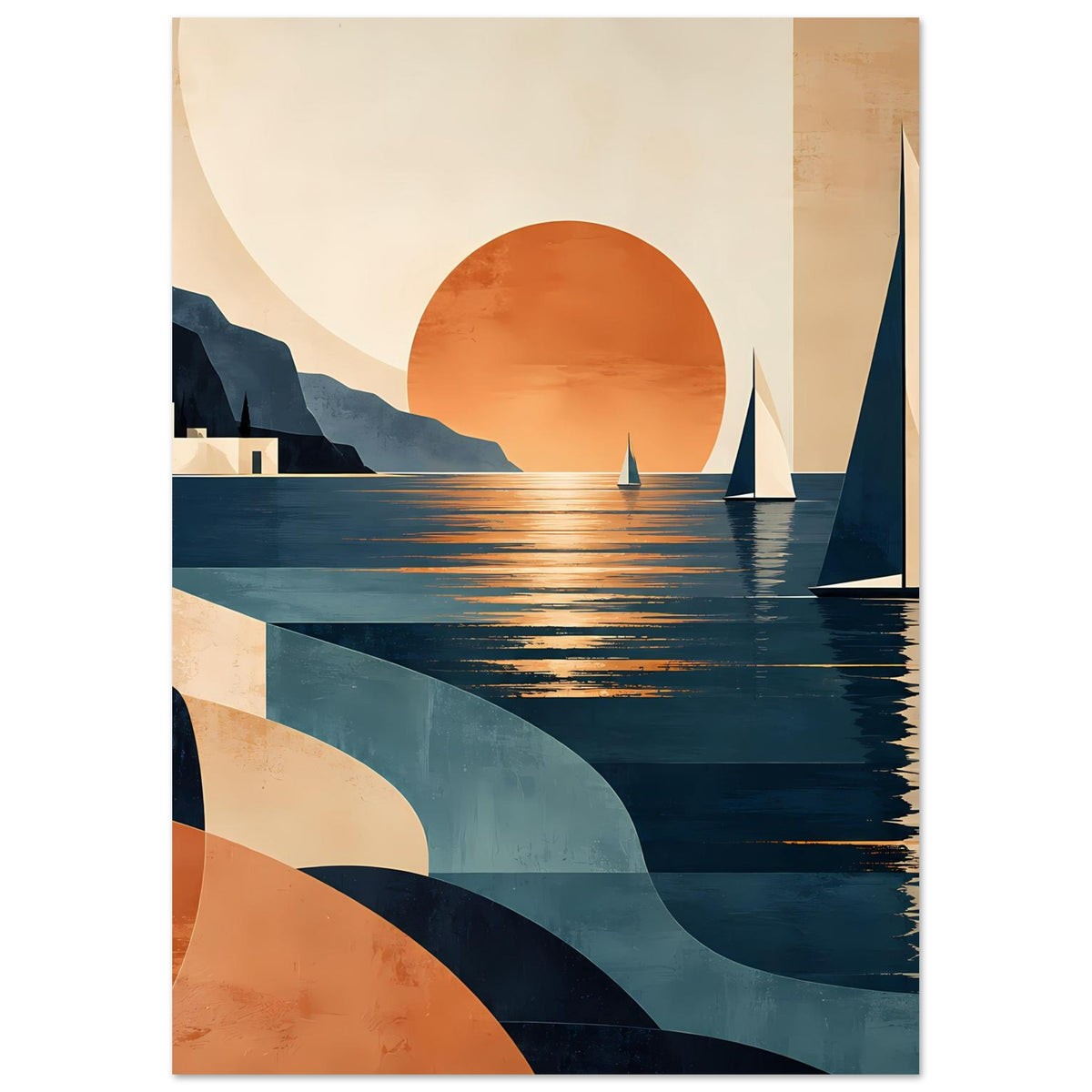 Poster-Design mit Sonnenuntergang, Booten unter Segeln und breiten Farbflächen am Ufer