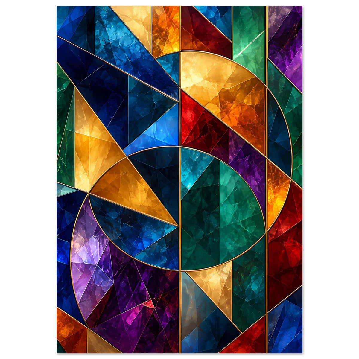 Geometrisches Glasfenster-Motivposter mit bogenförmigem Einsatz und bunten Dreiecken, Hochformat