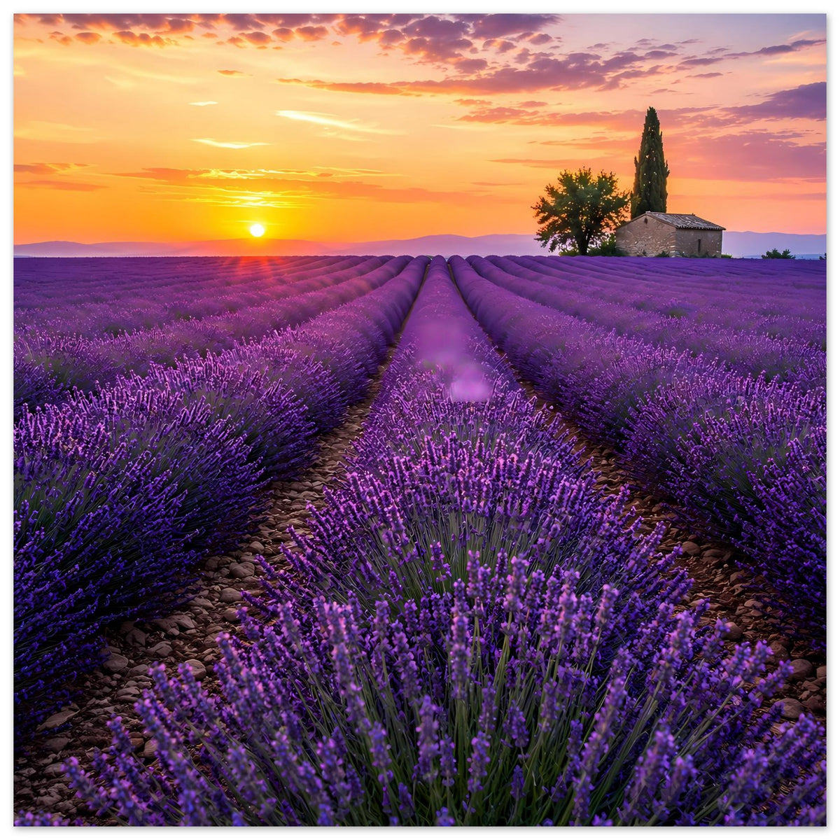 Querformat-Poster: Lavendelfeld mit Sonnenuntergang, violette Reihen und kleine Kirche