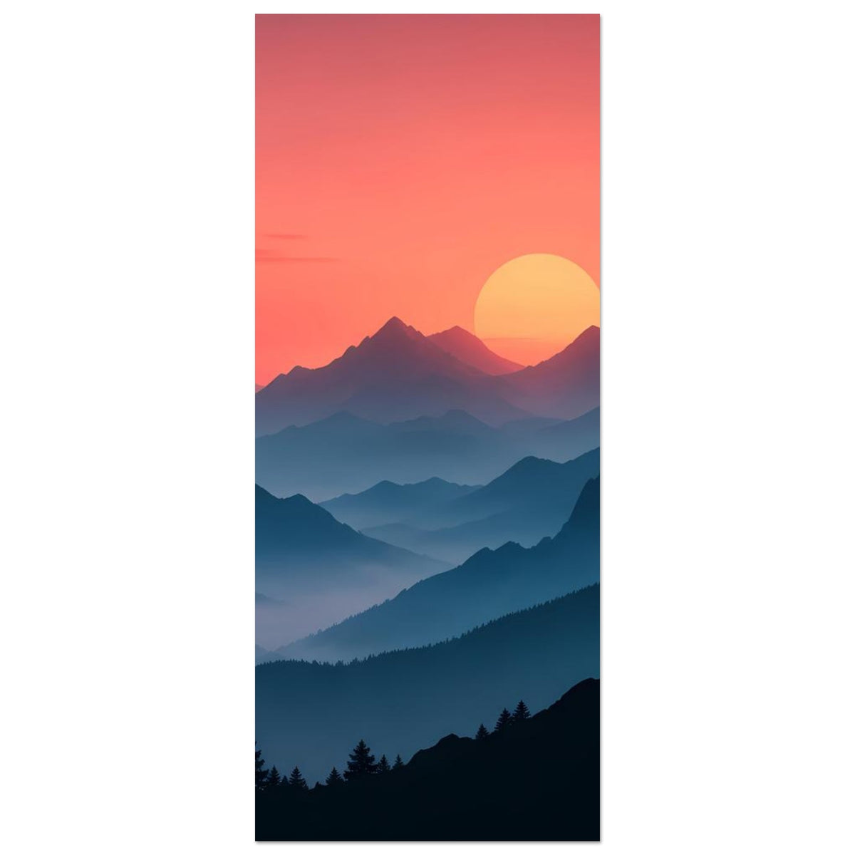 Hochformatiges Landschaftsposter mit Sonnenuntergang, gelber Sonne und blauen Berg- und Talansichten