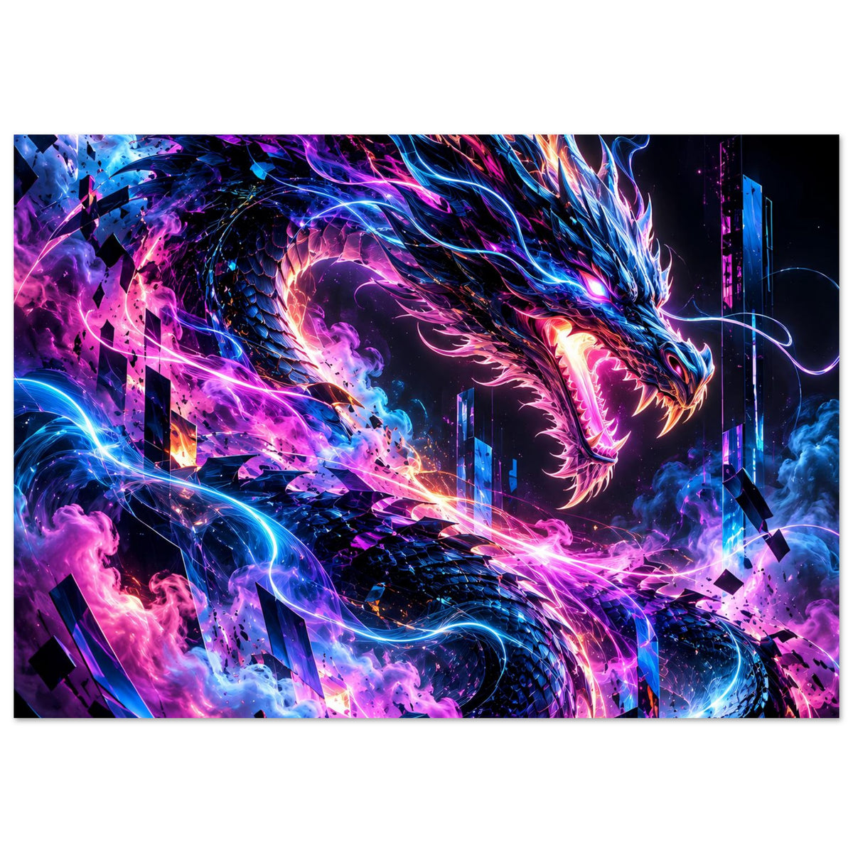 Landschafts-Poster mit leuchtendem Cyber-Drache, neonfarbene Flammen und Energie über Gebäuden