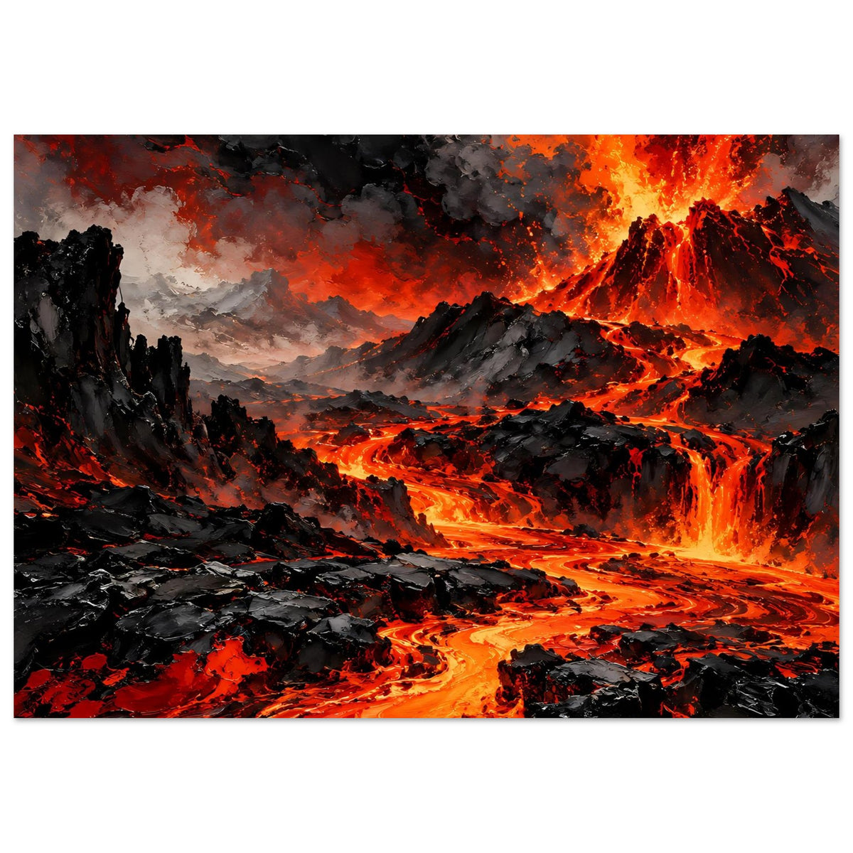 Vulkan-Ausbruch Poster, horizontales Lava-Feuermotiv mit Rauch und dunklen Felsen