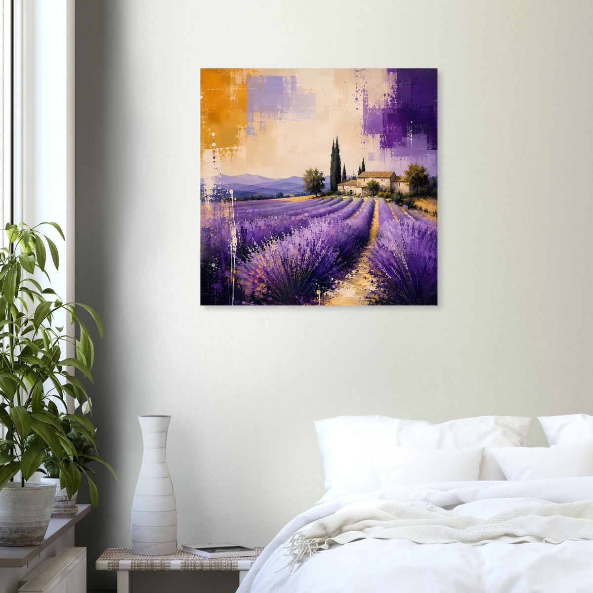 Lavendel-Landschaftsbild im Querformat: violetter Weg im Feld, orange-violetter Himmel
