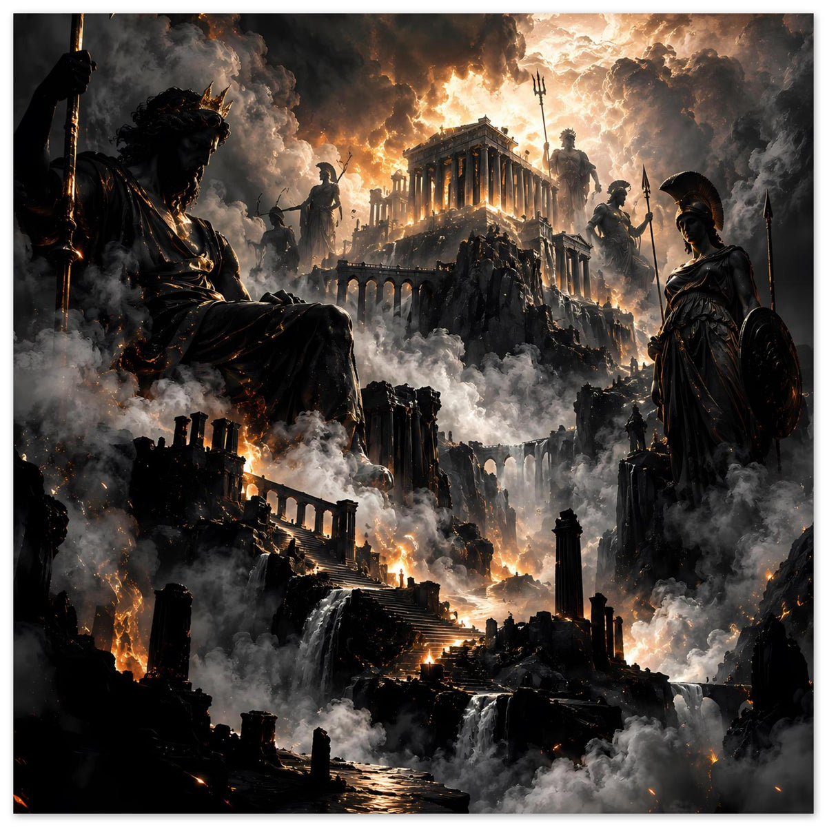 Fantasy-Poster: gepanzerte Figuren auf düsteren Trümmern, Feuerlichter und Rauchwolken