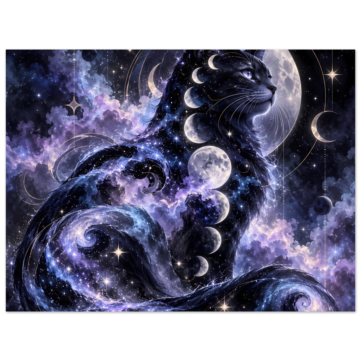 Poster mit schwarzer Katze und Mondphasen, umlaufende Kreise und Sterne im All