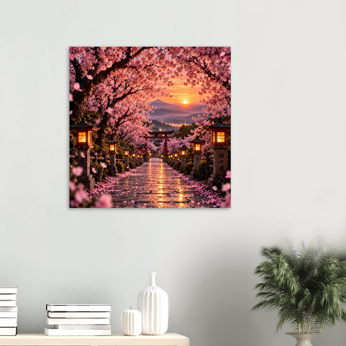 Wandposter mit Kirschblüten-Allee und goldenem Sonnenuntergang, beleuchteter Weg
