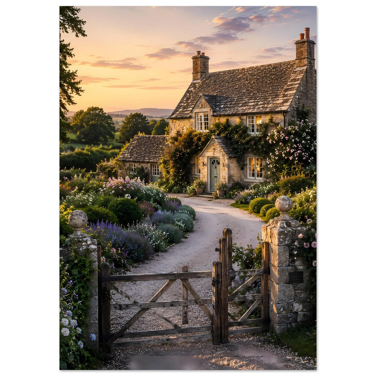 Premium-Poster: Cottage mit Blumenrand und Kiesweg, Blick auf Eingang am Holztor
