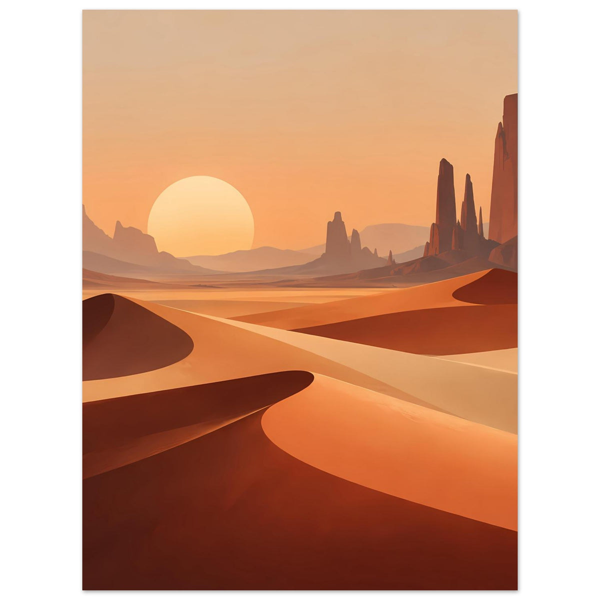 Poster mit Wüstenlandschaft: gelbe Sonne, Sanddünen mit Linien und hohe Felsformationen