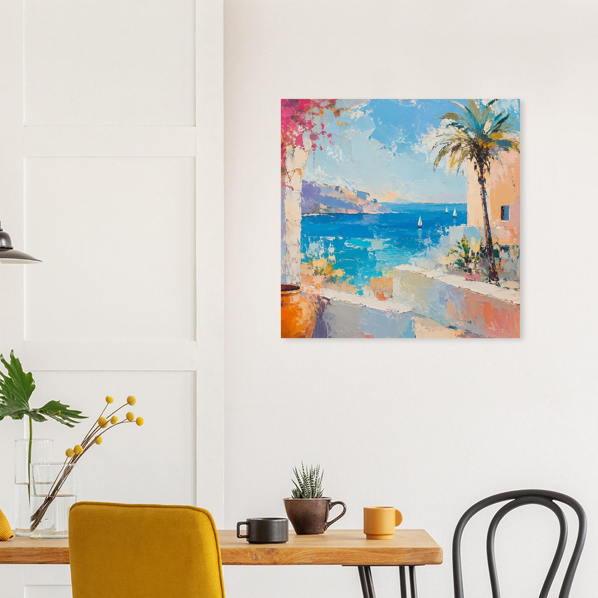 Quadratisches Poster: Mittelmeerbucht mit Palme und Segelbooten, bunt gemalt
