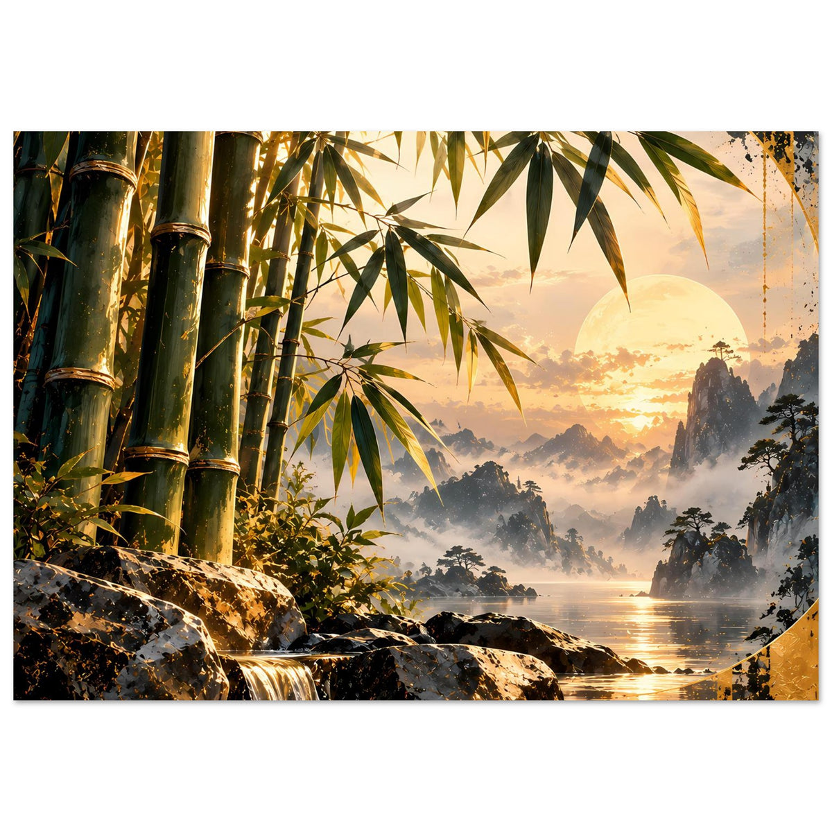 Poster Bambus-Sonnenuntergang: Bambusstämme, Wasserfallfelsen und See bei Sonnenuntergang