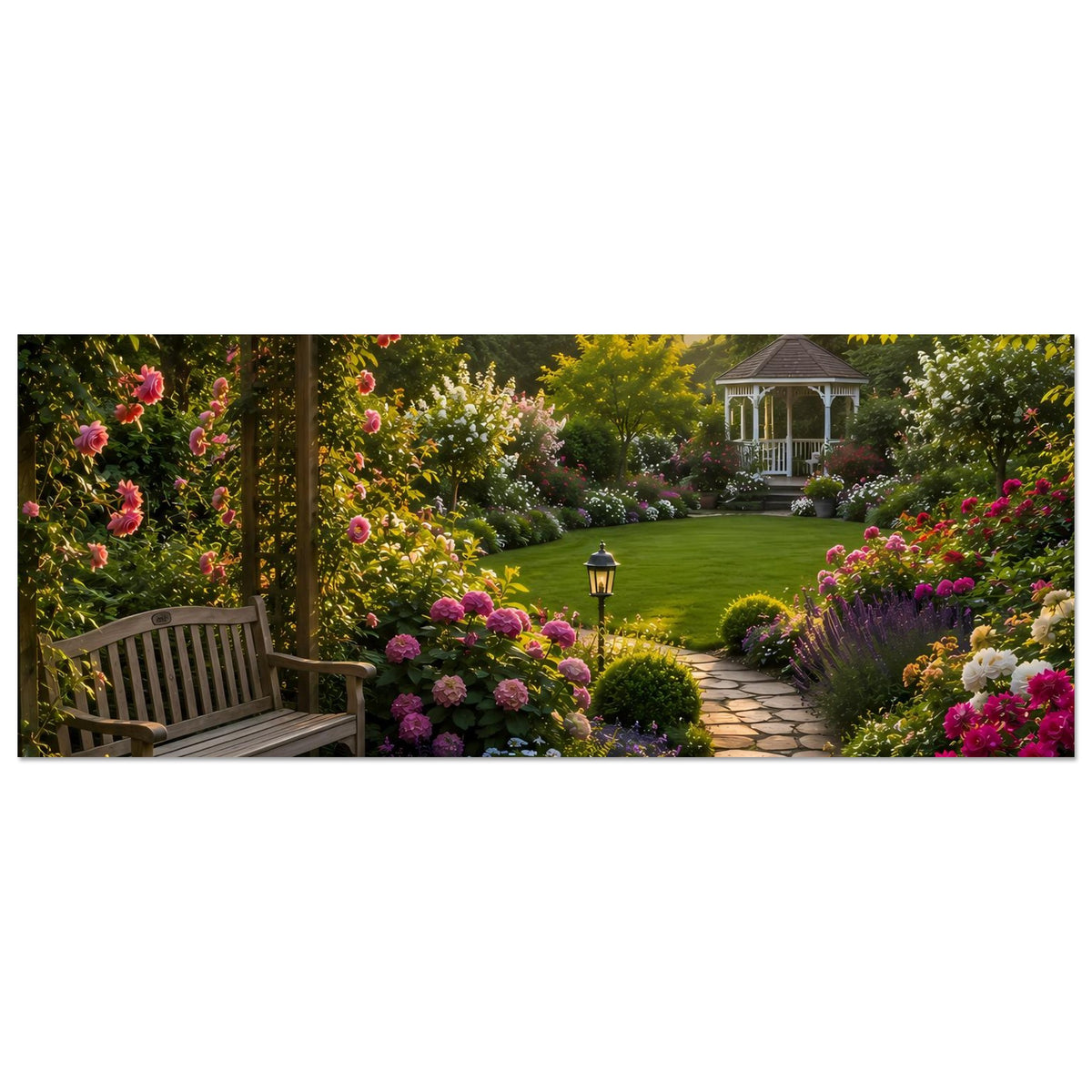 Gartenposter (quer) mit Blumenbeeten, Rosenweg und Pavillon im Abendlicht