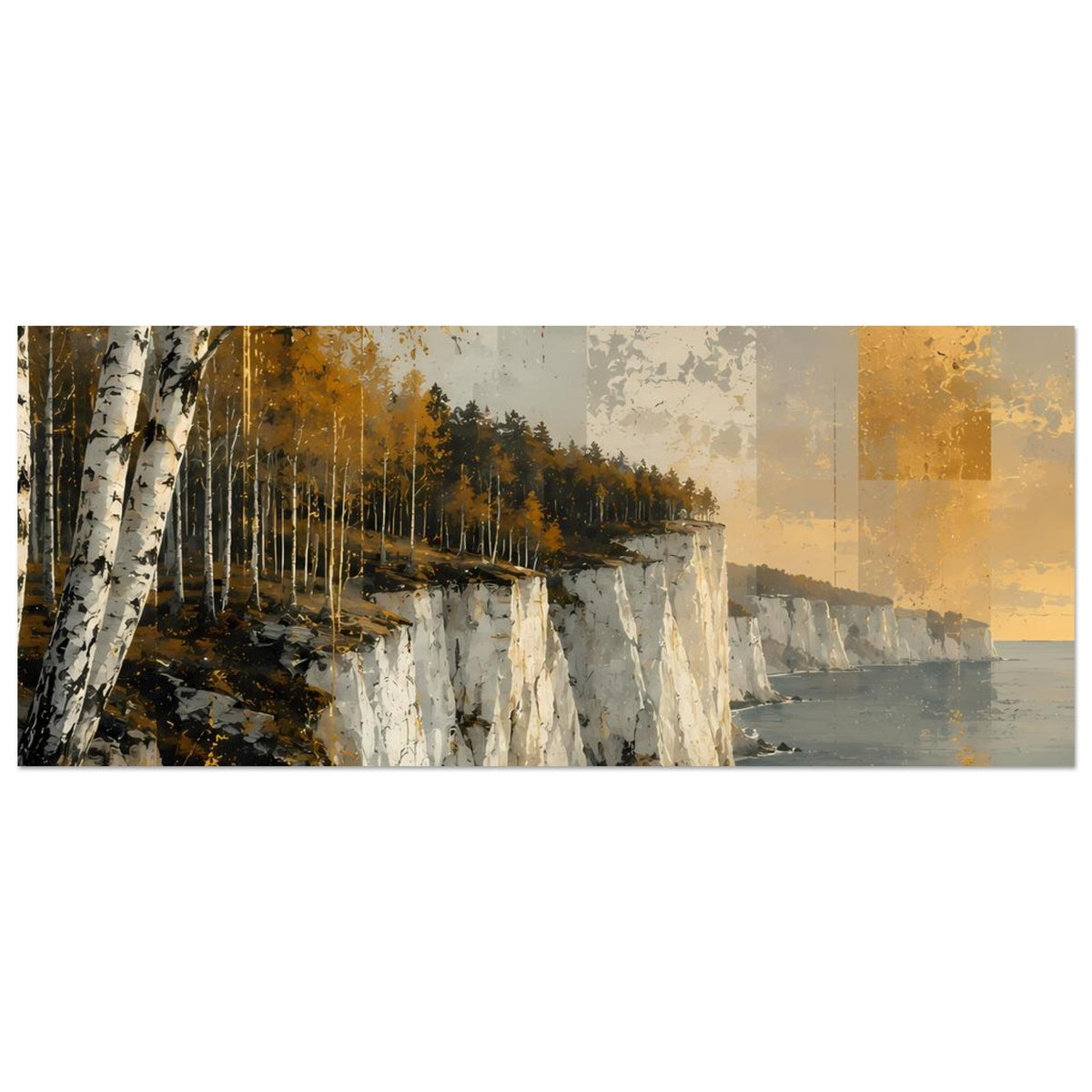 Breites horizontales Poster mit Küstenfelsen und Meer in Gold-Grau-Tönen