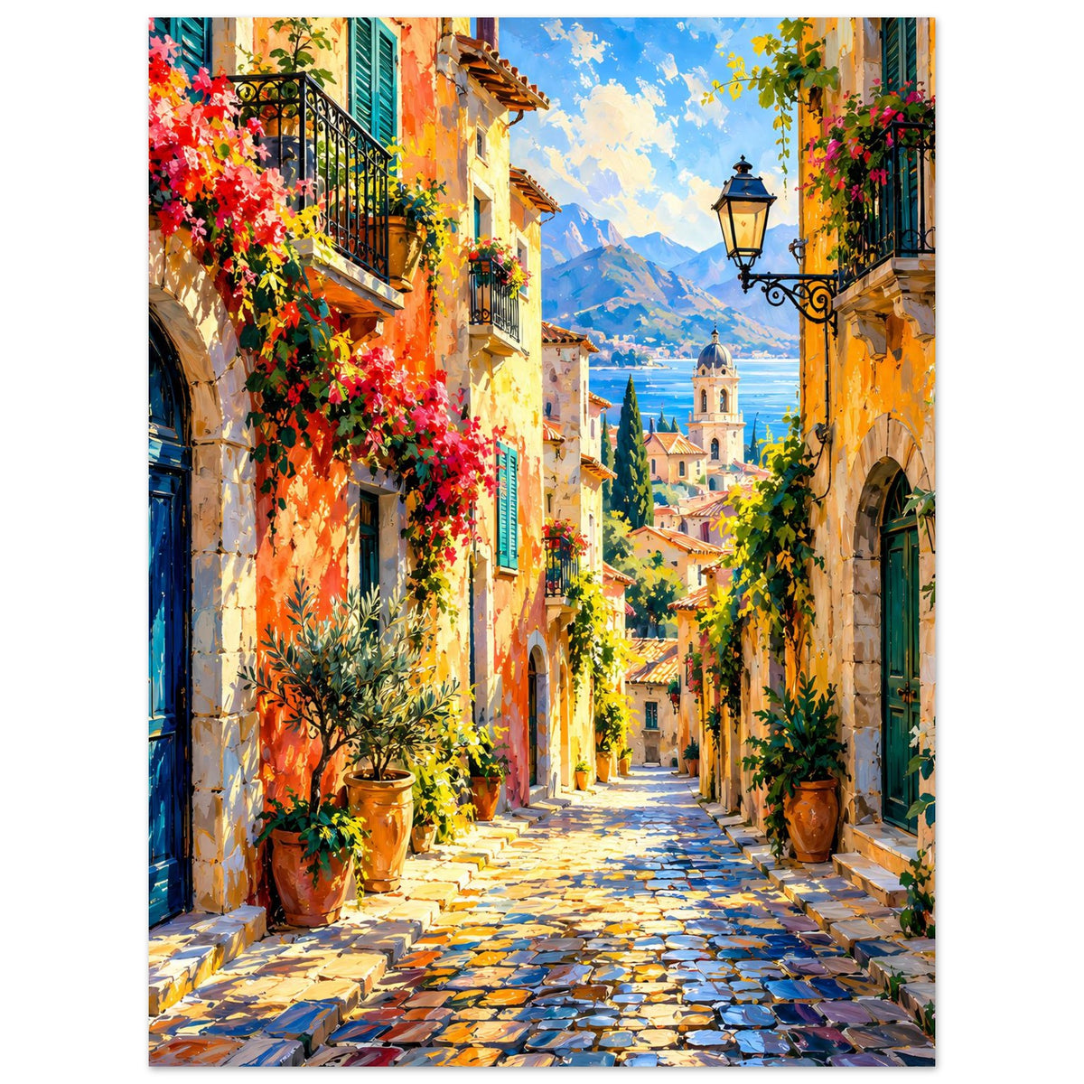 Poster mediterrane Gasse mit Kopfsteinpflaster, Balkonfenstern und grünen Pflanzen