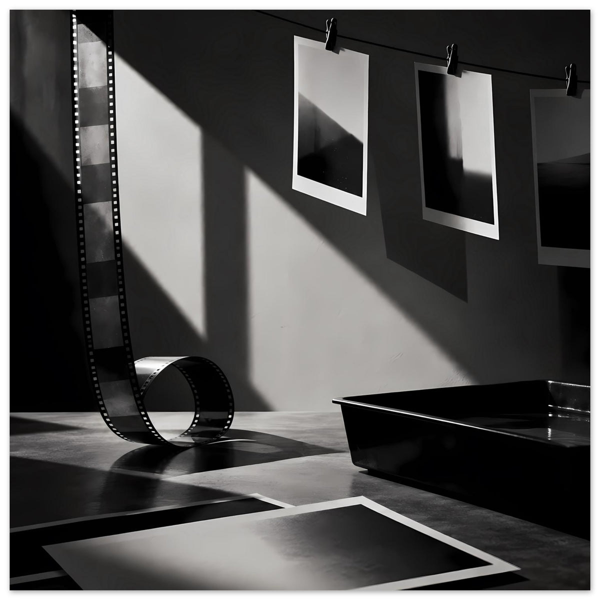 Poster „Analoge Dunkelkammer“ Schwarz-Weiß: Filmstreifen, Fotopapiere an Klammern, Schale