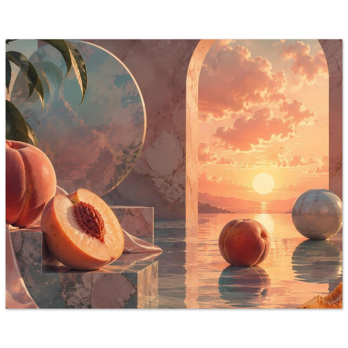 Poster: aufgeschnittener Pfirsich auf Glasblock, orange Kugel und Sonnenuntergang im Rundbogen