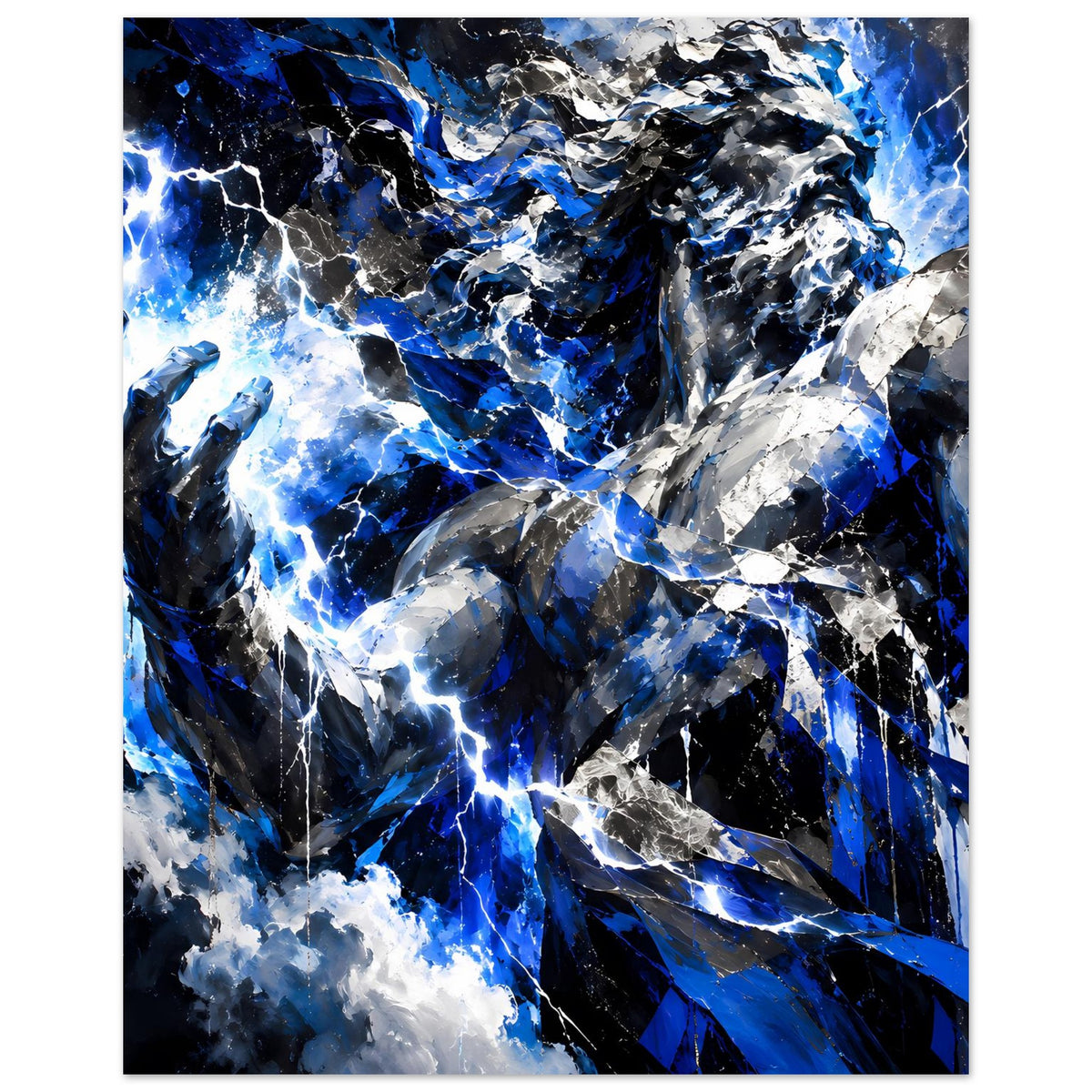 Hochkant-Poster mit abstrakten Blitzen und zerrissenen Formen in Blau, Weiß und Schwarz