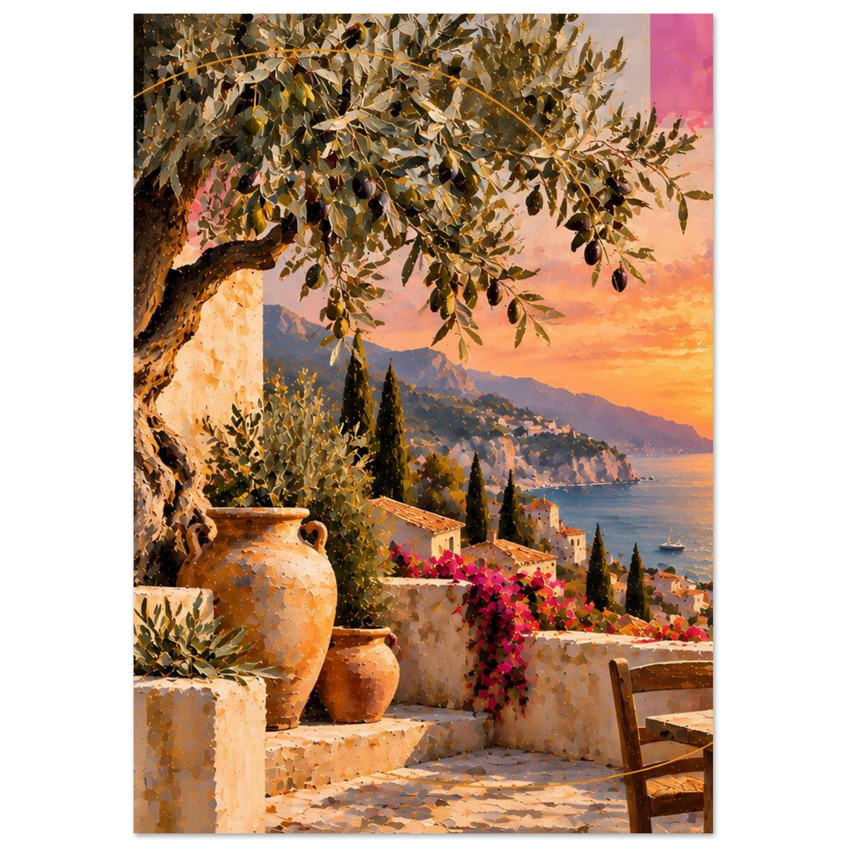 Kunstposter im Hochformat: Sonnenuntergang über der Küste, Tongefäße und Terrasse