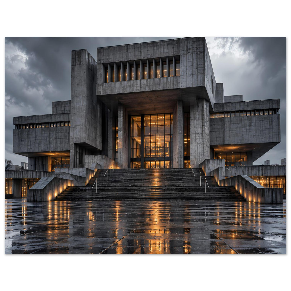 Architekturposter mit großem Betonbau, warm beleuchteter Eingangspartie und Treppenmitte