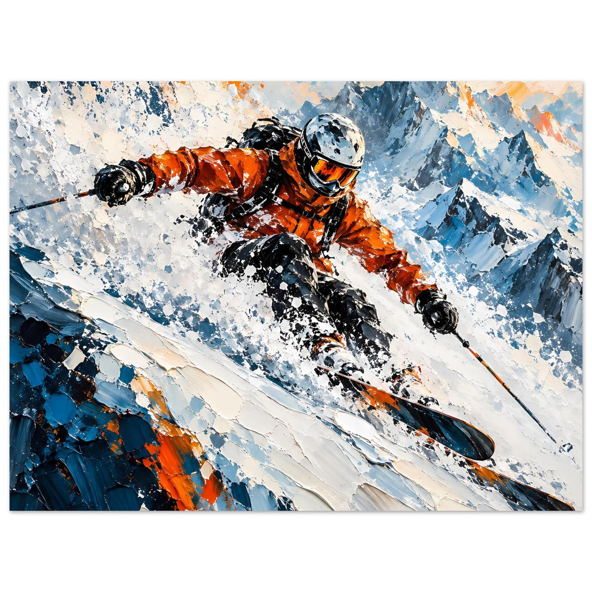 Wintersport-Poster im Querformat: Skifahrer in Orange, blaue Berge, weiße Schneeflächen.