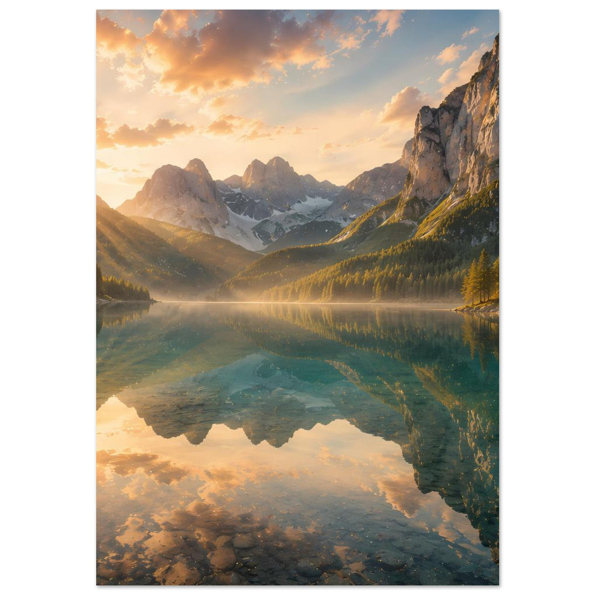 Kunstdruck-Poster mit Bergpanorama über dem See, goldenes Licht und Wasserreflexe